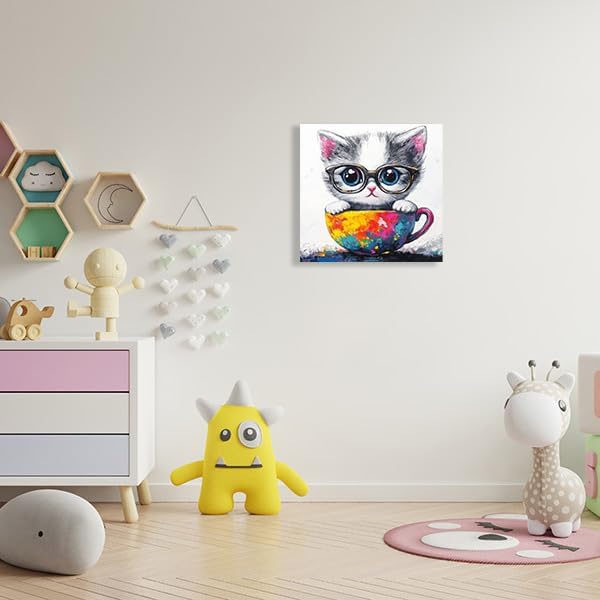 Ypxzzj Cute Kitten in a Teacup Canvas Wall Art, Animal Cat Picture Prints Wall Art, Cute Animal Cat with Glasses Wall Art Poster for Livingroom Bedroom Nursery Room Home Decor Framed Ready to Hang