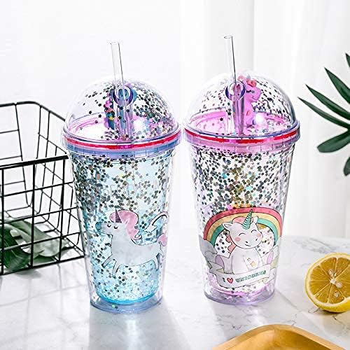 Unicorn Drinking Cup with Straw Kids Travel Tumbler Glitter Watter Bottle Ice Coffee Mugs Plastic Cup for Party Gift (blue unicorn, 6.5 * 20 cm)