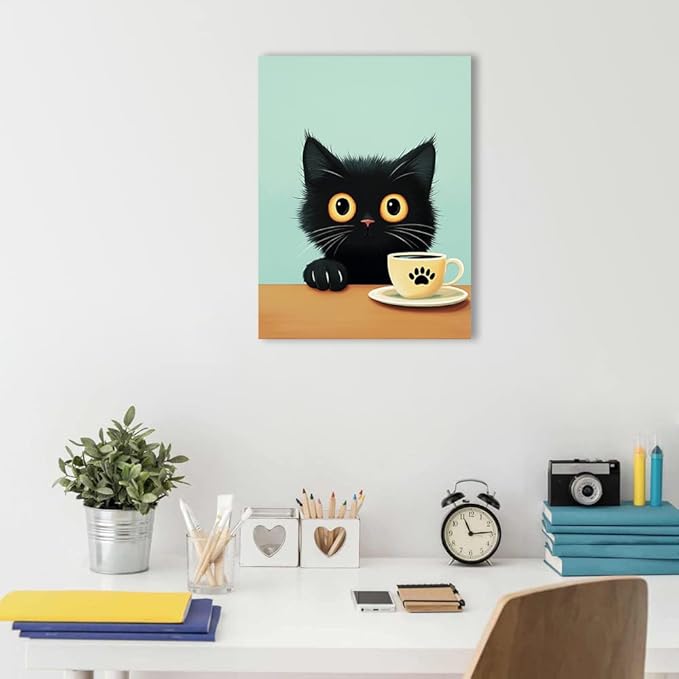 Ypxzzj Cute Black Cat Drinks Coffee Canvas Art Print, 12''x16'', Living Room, Bedroom Wall Decor