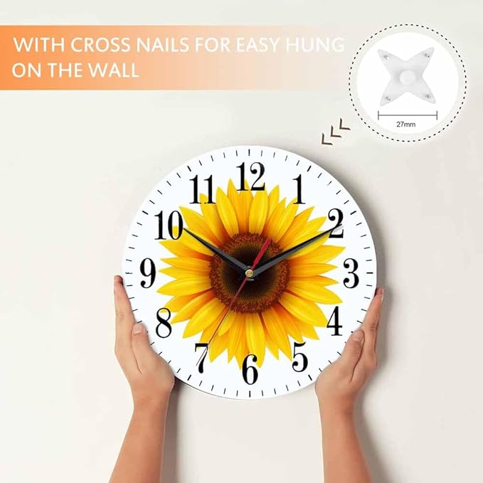 Sunflower Flower Wall Clock Beautiful Yellow Floral Blooming Nature Bright 10 Inch Silent Non Ticking Battery Operated Clock Vintage Round Clock for Living Room Bedroom Bathroom Office Decor