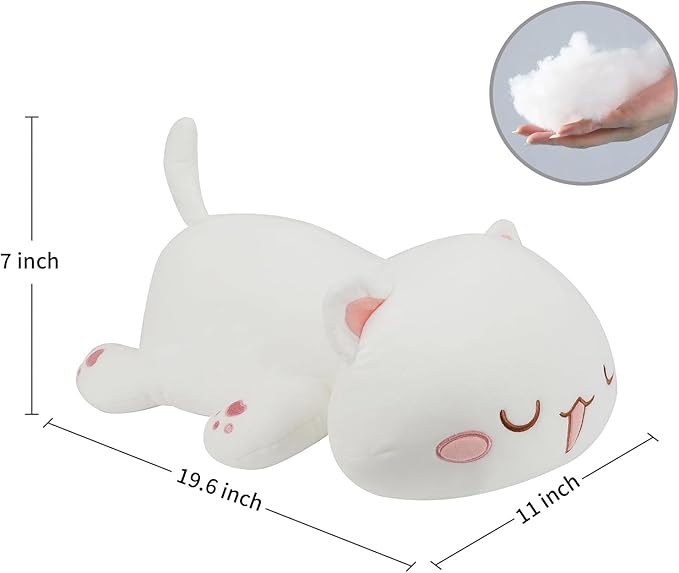 AFAN Cat Stuffed Animals Plush Cute Soft Cat Plush Pillow Toys Kawaii Plushies Room Decor Gifts for Kids Girls Boys (Squinted Eyes, White, 19.6 Inch)