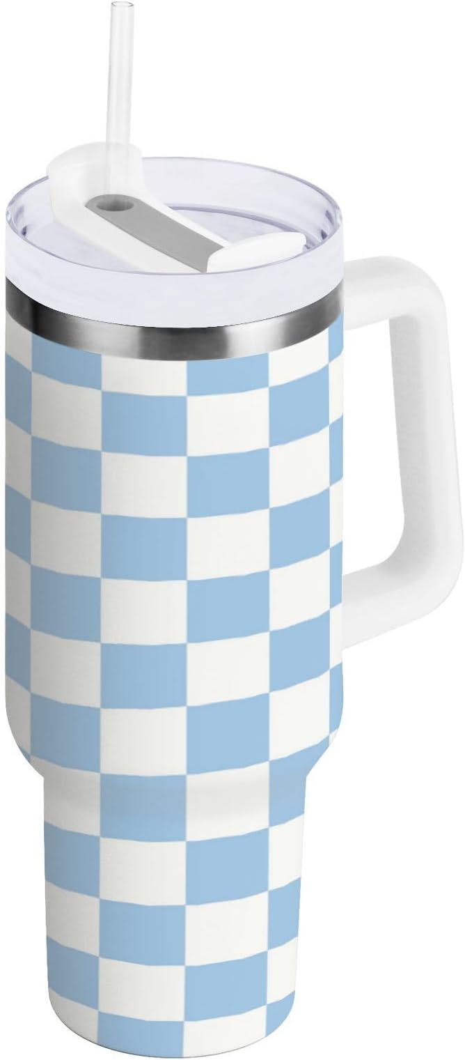 Boccsty Checkered Colorful Blue Insulated Tumblers Reusable Stainless Steel Tumbler 40 oz Cup Coffee Travel Mug Water Bottle with Handle & Flip Straw for Home Office Car