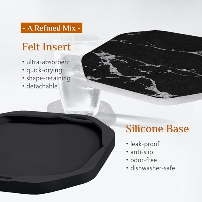 UMIRRO Absorbent Coasters for Drinks, Silicone Cup Coaster with Felt Insert for Coffee Table Decor, Small Birthday Gift Ideas for Men Dad Him Women Mom Her, 4", Marble Style, Black White, Set of 4