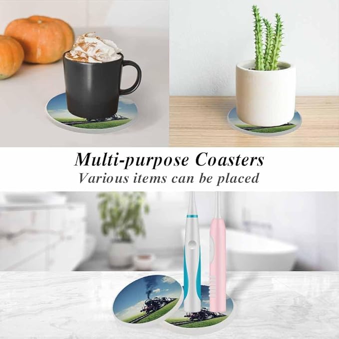 Steam Engine Train Coasters for Drinks Crosses a Green Lawn Coasters for Table Ceramic Absorb Stone Coasters with Coffee Table Cork Base for Home Decor 2 Pcs