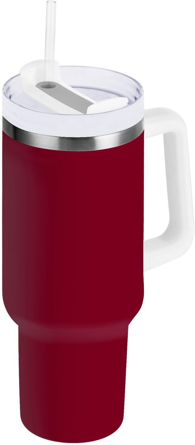 Boccsty Burgundy Solid Color Insulated Tumblers Reusable Stainless Steel Tumbler 40 oz Cup Coffee Travel Mug Water Bottle with Handle & Flip Straw for Home Office Car