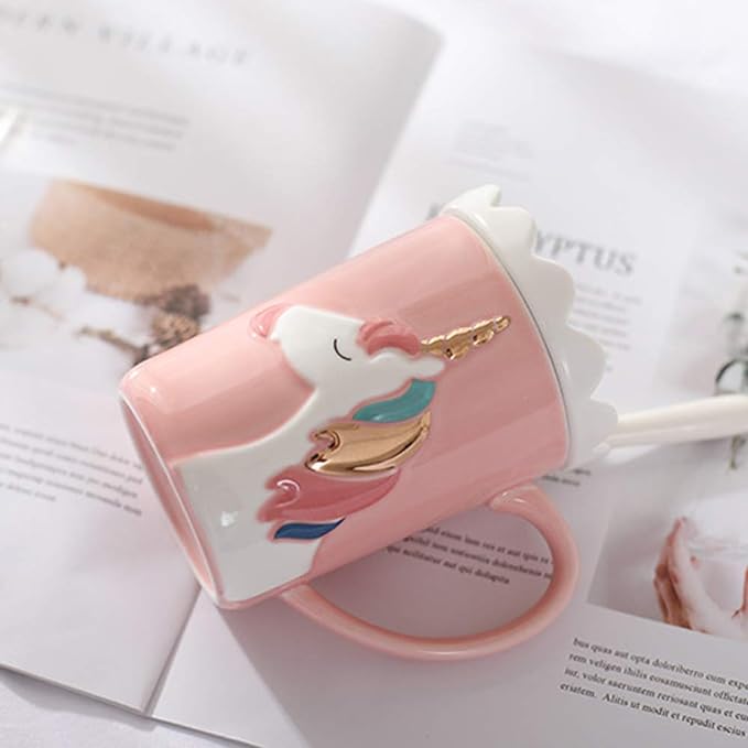 BigNoseDeer Unicorn Mug, Cute Ceramic Coffee Mug with Lid Spoon,Cute Mugs for Coffee Tea Milk,Cut stuff Unicorn Gifts for Girls Cute Gifts for Women (Pink 13oz)