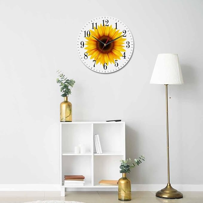 Sunflower Flower Wall Clock Beautiful Yellow Floral Blooming Nature Bright 10 Inch Silent Non Ticking Battery Operated Clock Vintage Round Clock for Living Room Bedroom Bathroom Office Decor