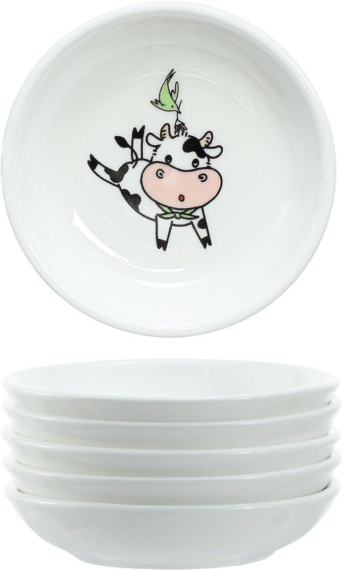 Super Cute Cartoon Animal Pattern Ceramic Sauce Dish/Seasoning Dish/Sushi Soy Dipping Bowl/Appetizer Plates/Serving Dish for Kitchen Home(Set of 6)-Cow