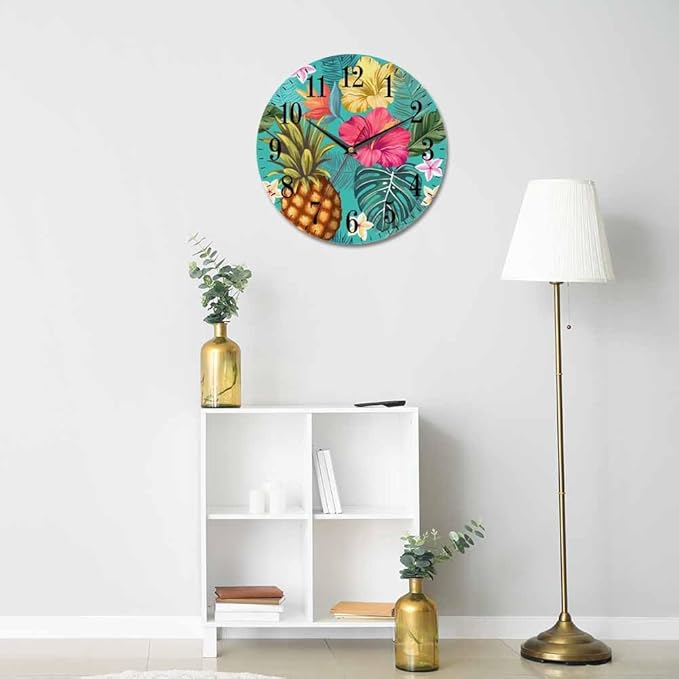 Tropical Pineapple Wall Clock Blooming Hibiscus Flowers Palm Exotic 10 Inch Silent Non Ticking Battery Operated Clock Vintage Round Clock for Living Room Bedroom Bathroom Office Decor