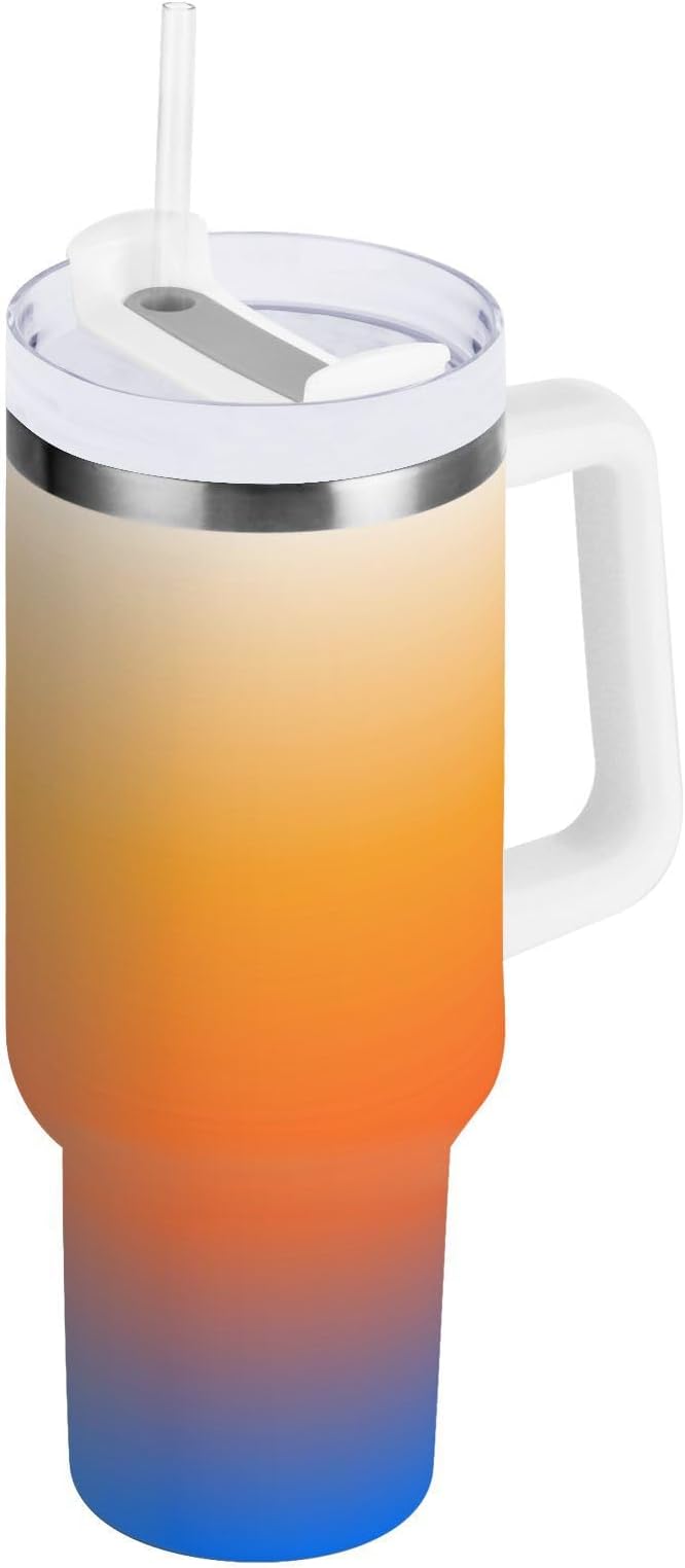 Boccsty Color Gradient Orange Blue Insulated Tumblers Reusable Stainless Steel Tumbler 30 oz Cup Coffee Travel Mug Water Bottle with Handle & Flip Straw for Home Office Car