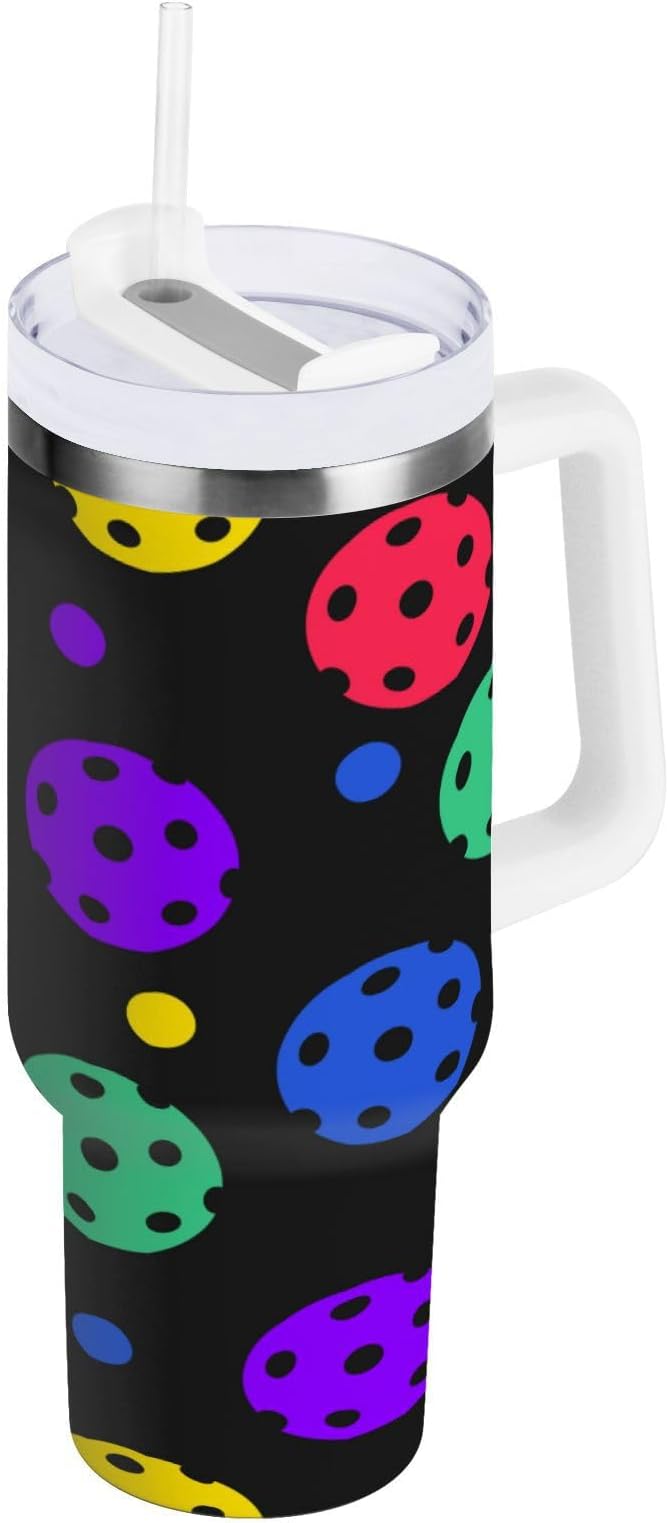 Boccsty Rainbow Pickleball Balls Insulated Tumblers Reusable Stainless Steel Tumbler 30 oz Cup Coffee Travel Mug Water Bottle with Handle & Flip Straw for Home Office Car