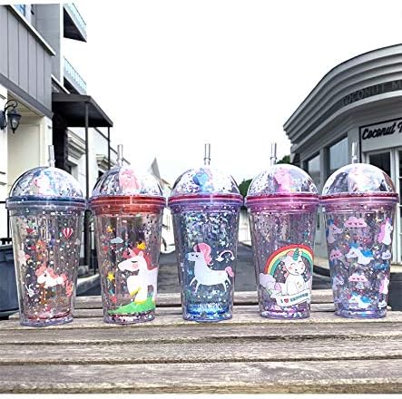 Unicorn Drinking Cup with Straw Kids Travel Tumbler Glitter Watter Bottle Ice Coffee Mugs Plastic Cup for Party Gift (blue unicorn, 6.5 * 20 cm)
