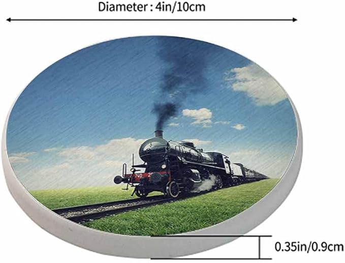 Steam Engine Train Coasters for Drinks Crosses a Green Lawn Coasters for Table Ceramic Absorb Stone Coasters with Coffee Table Cork Base for Home Decor 2 Pcs