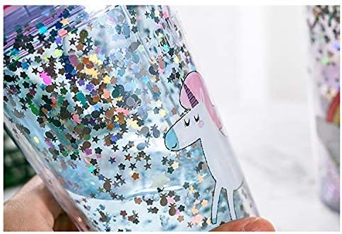 Unicorn Drinking Cup with Straw Kids Travel Tumbler Glitter Watter Bottle Ice Coffee Mugs Plastic Cup for Party Gift (blue unicorn, 6.5 * 20 cm)