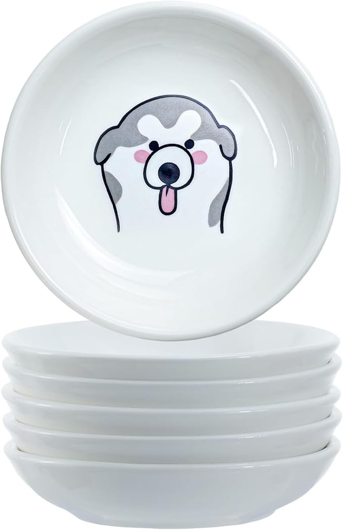 Super Cute Cartoon Animal Pattern Ceramic Sauce Dish/Seasoning Dish/Sushi Soy Dipping Bowl/Appetizer Plates/Serving Dish for Kitchen Home(Set of 6)-Dog Heads