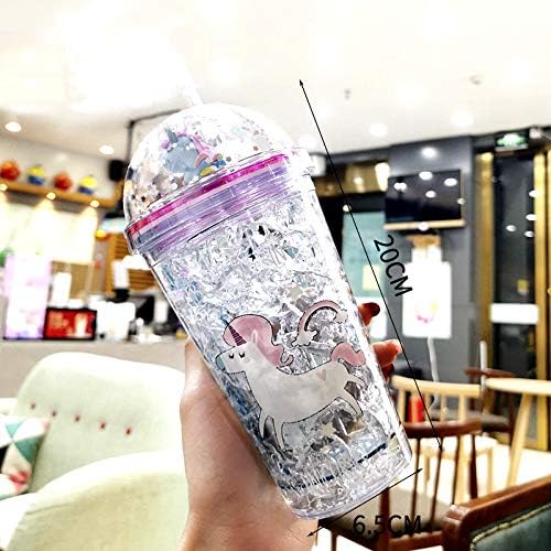 UUnicorn Cup with Straw Kids Travel Tumbler Watter Bottle Plastic Cup for Party Gift Ice Coffee Mug (blue unicorn2, 6.5 * 20cm)