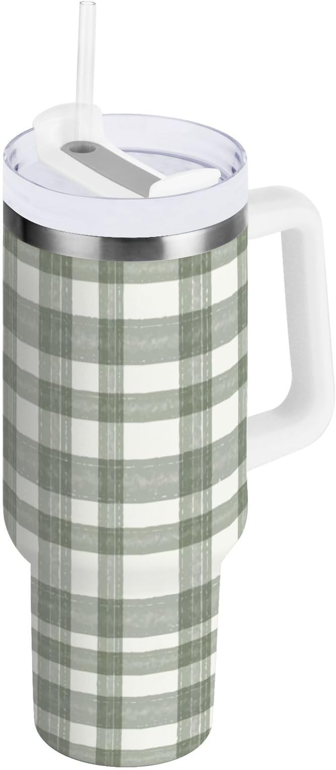 Boccsty Watercolor Sage Green Plaid Insulated Tumblers Reusable Stainless Steel Tumbler 40 oz Cup Coffee Travel Mug Water Bottle with Handle & Flip Straw for Home Office Car