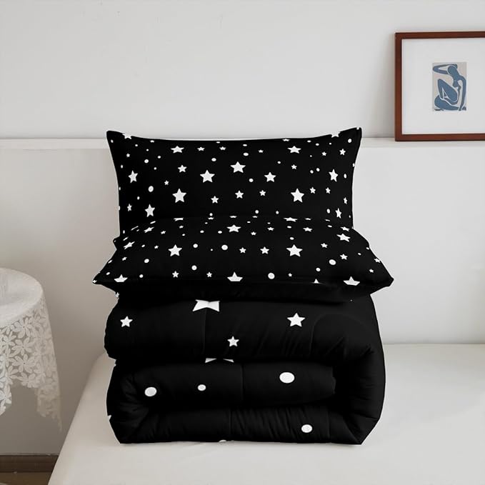 Starry Sky Comforter Set King Size Galaxy Star Bedding Set for Kids Boys Girls, Outer Space Down Comforter, Black and White Geometric Polka Dots Quilt Set Warm Soft Bedroom Decor 2 Pillow Cases