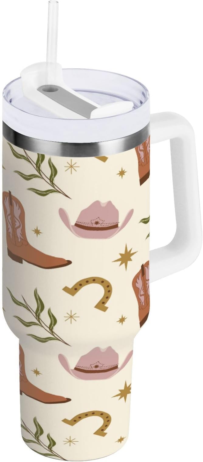 Boccsty Western Boho Print America Tribal Insulated Tumblers Reusable Stainless Steel Tumbler 30 oz Cup Coffee Travel Mug Water Bottle with Handle & Flip Straw for Home Office Car
