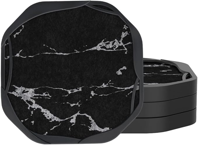 UMIRRO Absorbent Coasters for Drinks, Silicone Cup Coaster with Felt Insert for Coffee Table Decor, Small Birthday Gift Ideas for Men Dad Him Women Mom Her, 4", Marble Style, Black White, Set of 4