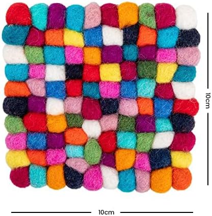 Square Felt Ball Coasters - 100% Merino Wool Table Coasters - Felt Coaster Pads, Absorbent Trivet for Drinks - Heat Resistant, Thick & Durable Hand Felted in Nepal by Woolygon- Multicolor - Set of 5