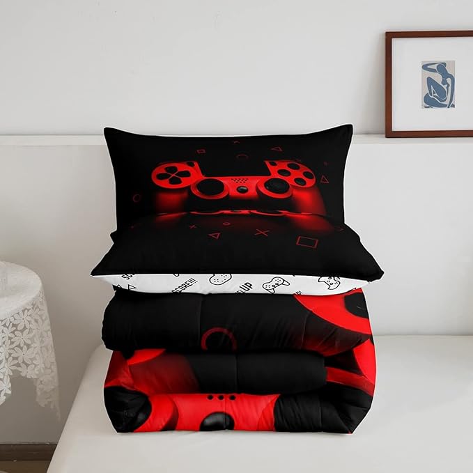 Boys Gamer Comforter Set King Size,Gamepad Bedding Set Kids Young Man Video Games Down Comforter for Teen Child Game Room Decor Black Red Classic Retro Gaming Quilted Duvet Set with Pillowcase