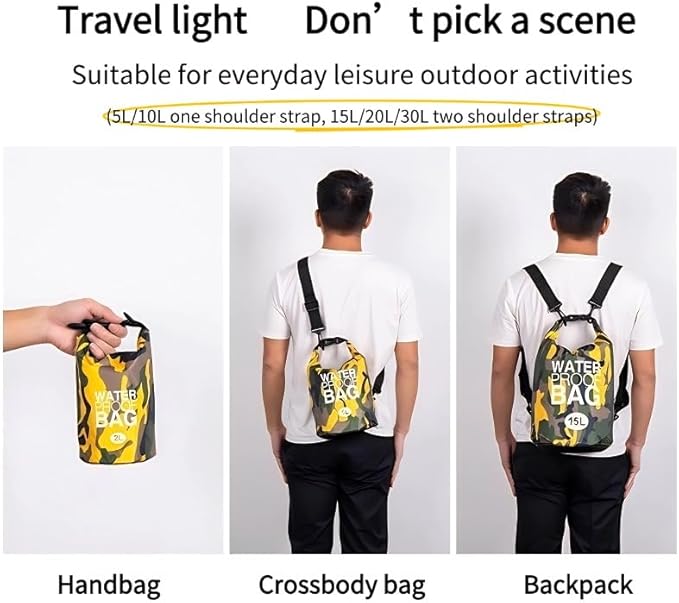 Waterproof Dry Bag Combo 5-30L Roll Top Dry Storage Bag Backpack for Kayaking Boating Beach Camping Travel Fishing, w/Phone Case & Collapsible Water Bottle & Sunglasses & Ear Band,Yellow 5L