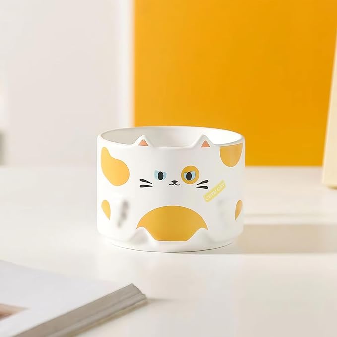 Stackable Cat Mug Set of 2 - Adorable Ceramic Coffee Mugs for Cat Lovers, Funny Cartoon Designs, Perfect Gifts for Party, Christmas, and Enthusiasts, 10 oz, Black and White