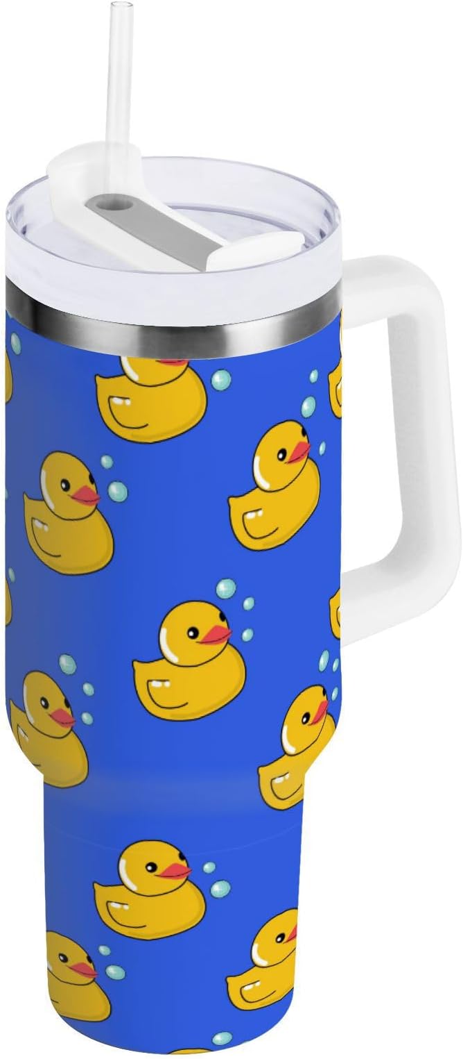 Boccsty Rubber Yellow Duck Blue Insulated Tumblers Reusable Stainless Steel Tumbler 30 oz Cup Coffee Travel Mug Water Bottle with Handle & Flip Straw for Home Office Car