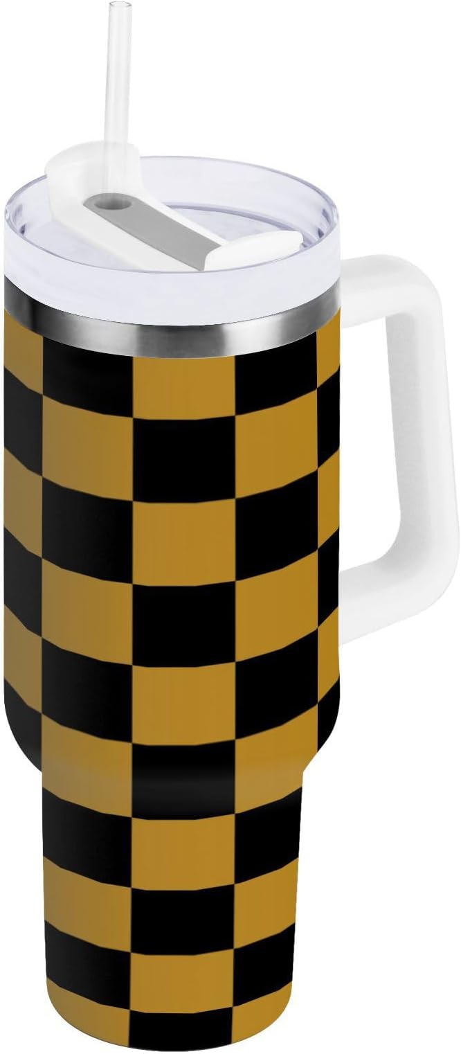 Boccsty Black Gold Squares Checkered Insulated Tumblers Reusable Stainless Steel Tumbler 30 oz Cup Coffee Travel Mug Water Bottle with Handle & Flip Straw for Home Office Car
