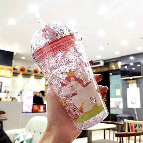 UUnicorn Cup with Straw Kids Travel Tumbler Watter Bottle Plastic Cup for Party Gift Ice Coffee Mug (blue unicorn2, 6.5 * 20cm)