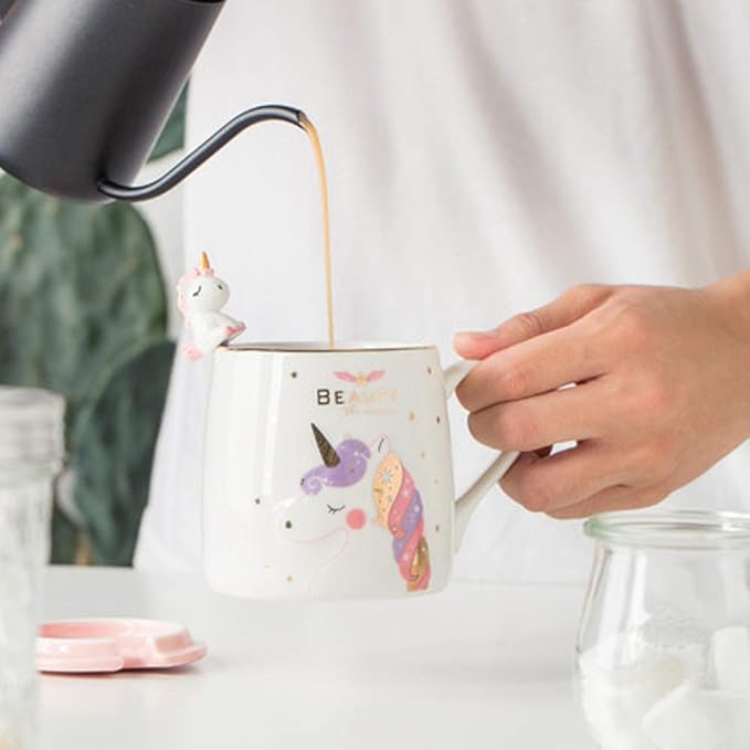BigNoseDeer Unicorn Mug Cute Ceramic Coffee Mug with Lovely Unicorn Spoon, Morning Cup Novelty Coffee Tea Milk Christmas Mug Gift for Girls Magic Unicorn Lovers 380ML (Pink Unicorn)
