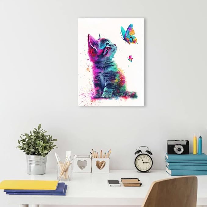 Ypxzzj Framed Butterfly Cat Canvas Wall Art & Decor for Cat Lover Gifts,Cat Wall Decor for Women Girls Bedroom Toddler Baby Room decoration,Cute Cat Poster for Nursery Home Decor