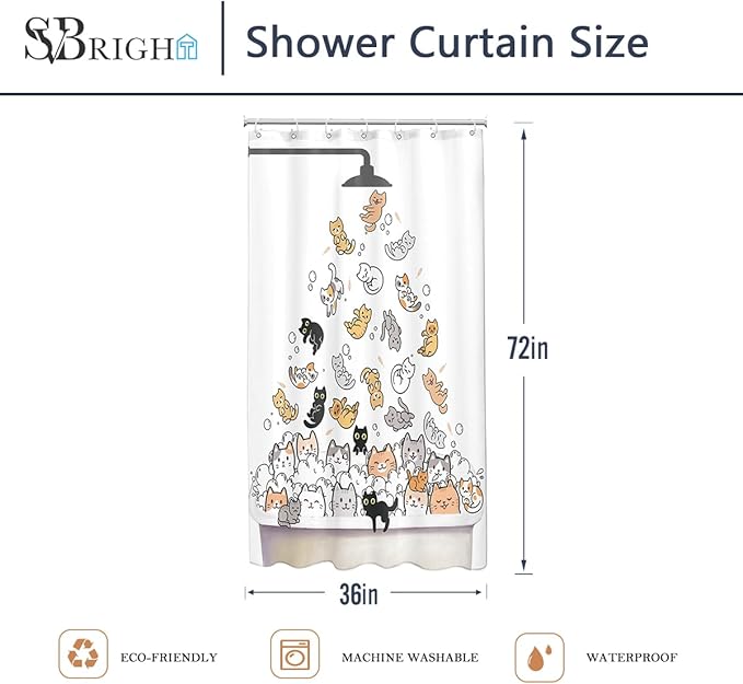 SVBright Small Stall Cute Cat Shower Curtain 36Wx72L Inch for Kids Rv Half Single Narrow Cute Cartoon Animal Funny Raining Animal 7 Pack Hooks Polyester Waterproof Fabric Bathroom Bathtub Panels