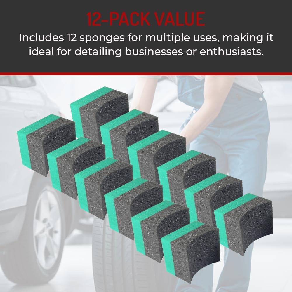 Hi-Tech Tire Dressing Applicator 12 Pack - Durable and Reusable, Contoured Tire Shine and Dressing Sponge for Your Car's Wheels