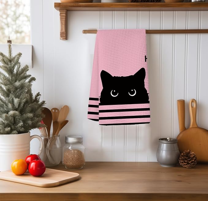 Black Cat Waffle Kitchen Towels, Gifts for Cat Lovers Moms Dish Tea Towels for Kitchen, Decorative Hand Towels for Bathroom Guest Room Decor, 16x24 Inch (Pink)