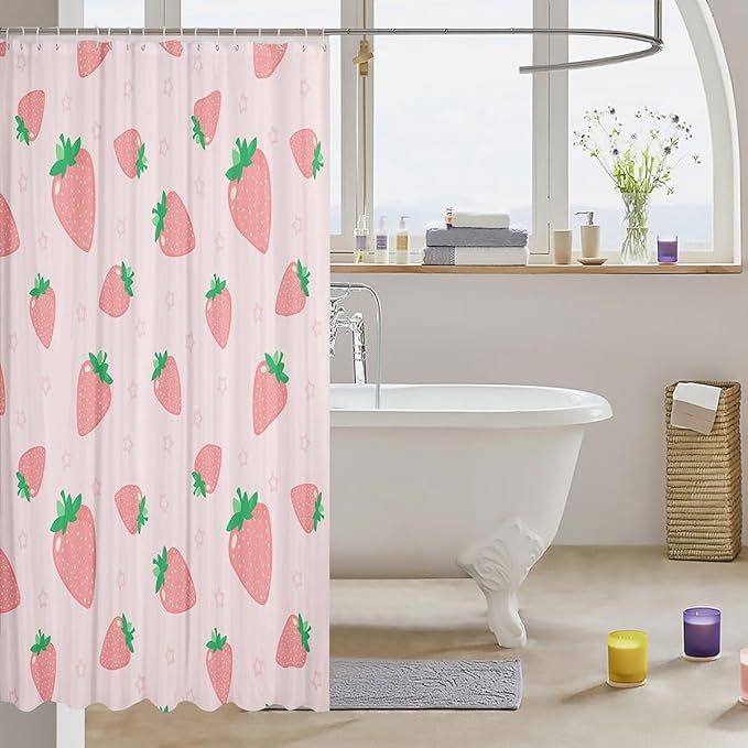 Strawberry Print Bathroom Curtain Kids Girls Kawaii Pink Strawberry Shower Curtain Cute Fruit Bath Curtains for Bathtubs Girl Stalls Decor Lightweight Waterproof Kids Bathroom Accessories 72"x72"
