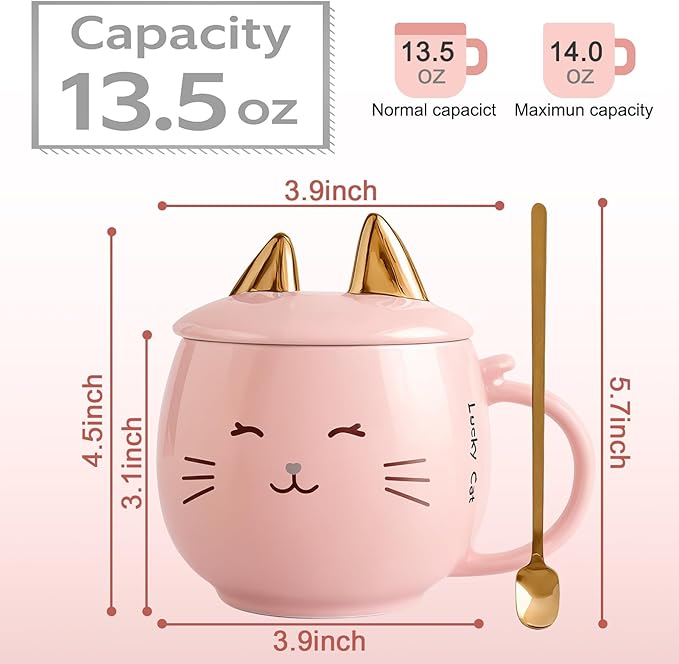 Yuwu Cat Ceramic Coffee Mug with Spoon & Lid, 13.5 oz Novelty Mug with Phone Stand Lid, Kawaii Tea Cup for Women & Cat Enthusiasts
