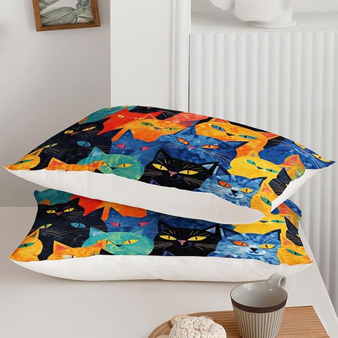 Suncloris Modern Chic Cats Comforter, Color Oil Painting Cats Bedding Set for Girls Boys, Cartoon Pet Cats Themed Quilt Bedroom Decor with 2 Pillow Cases (ColorCat, Queen)