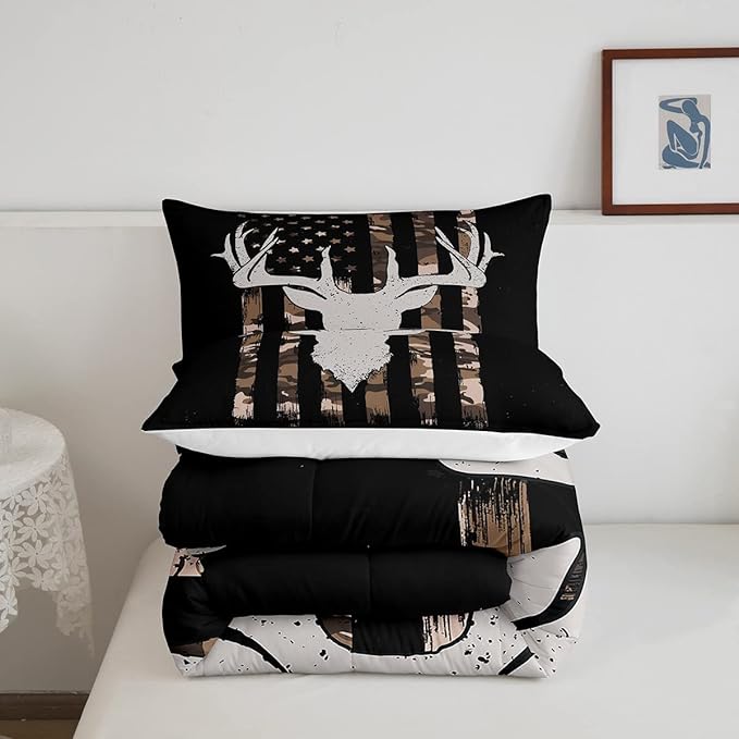 Camouflage American Flag Comforter Set, Hunting Antler Bedding Comforter Sets Brown Black Camo Striped Bedding King Size for Kids Boys Teens Adult Women, Rustic Woodland Animal Duvet Insert