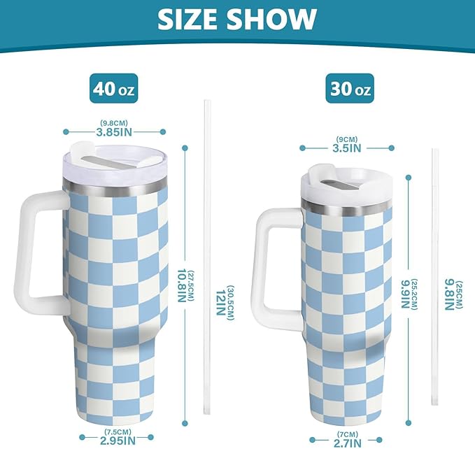 Boccsty Checkered Colorful Blue Insulated Tumblers Reusable Stainless Steel Tumbler 40 oz Cup Coffee Travel Mug Water Bottle with Handle & Flip Straw for Home Office Car