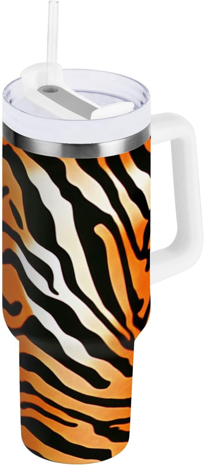 Boccsty Tiger Skin Texture Tiger Insulated Tumblers Black Orange Stripe Reusable Stainless Steel Tumbler 40 oz Cup Coffee Travel Mug Water Bottle with Handle & Flip Straw for Home Office Car