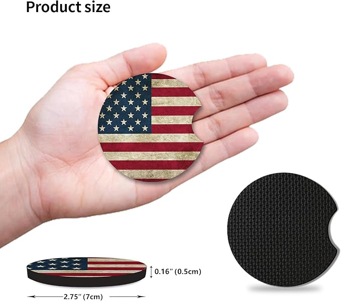 Car Coasters for Cup Holders,Car Cup Holder Coasters, 2 Pack Cup Holder Coasters for Car, Anti Slip Rubber Car Cup Mat with A Finger Notch, Cute Car Interior Accessories for Women 2.75" American Flag
