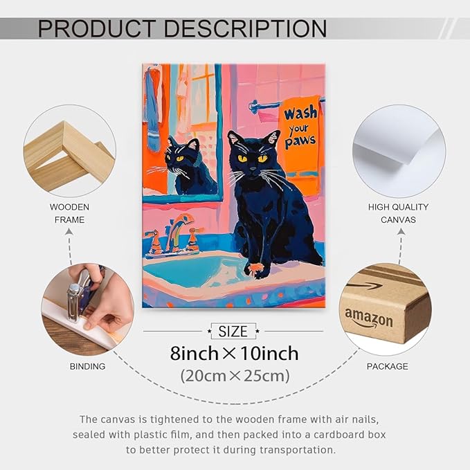 Black Cat Wash Your Paws Fun Wall Art Funky Colorful Bathroom Animal Poster Playful Kitsch Dopamine Aesthetic Canvas Pictures 08x10 inch Framed for Bathroom Wall Decor