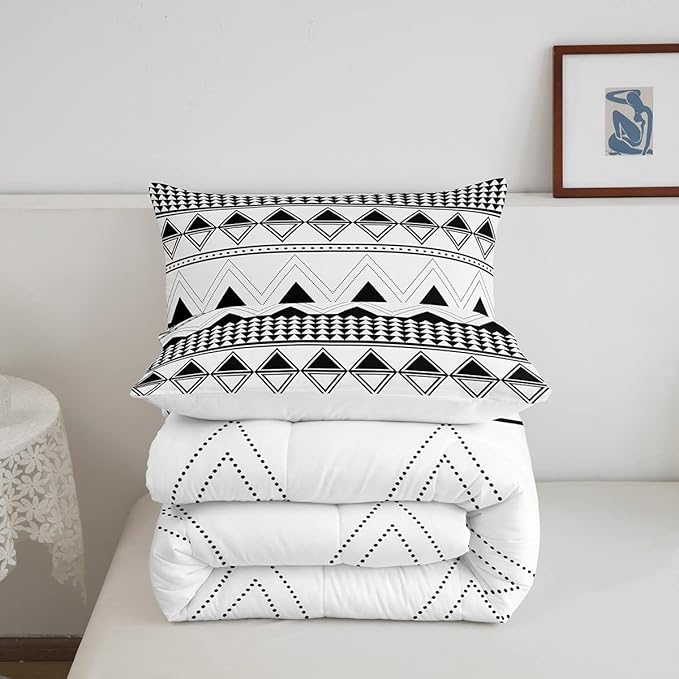 Boho Aztec Comforter Set Full Size Black And White Bedding Set Morden Geometric Triangle Lattice Down Comforter Minimalism Room Decor Warm Soft 3 Pieces Quilted Duvet For Kids Boys Girls Teens