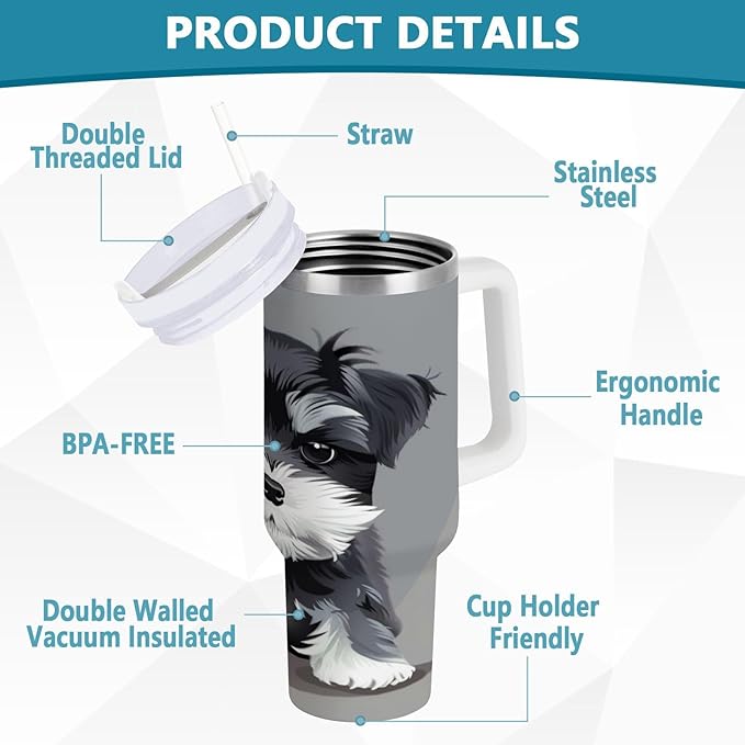 Boccsty Grey Schnauzer Dog Insulated Tumblers Reusable Stainless Steel Tumbler 30 oz Cup Coffee Travel Mug Water Bottle with Handle & Flip Straw for Home Office Car
