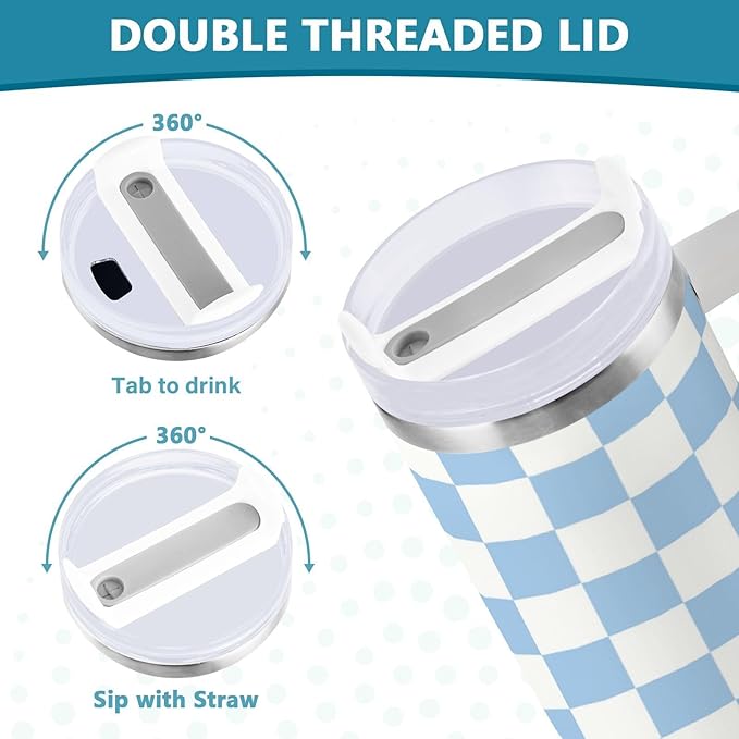Boccsty Checkered Colorful Blue Insulated Tumblers Reusable Stainless Steel Tumbler 40 oz Cup Coffee Travel Mug Water Bottle with Handle & Flip Straw for Home Office Car