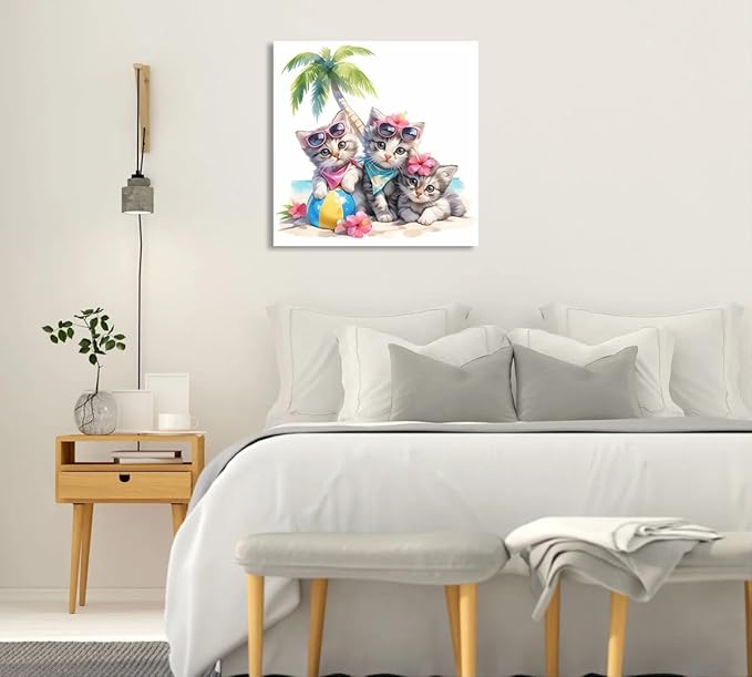 Ypxzzj Cute Kittens in Summer Vacation Canvas Wall Art, Three Kittens Under a Coconut Tree Printing Picture Cute Animal Cats with Glasses for Living Room Bathroom Framed Ready to Hang (14''x14'')