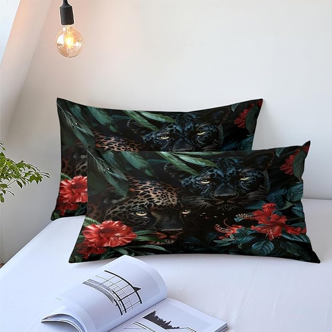Black Cheetah Comforter Set Queen Tropical Jungle Leopard Bedding Set Wild Animal Bedding Green Leaves Red Floral Comforters Ultra Soft Down Alternative Comforter Sets for Boys Girls Teens