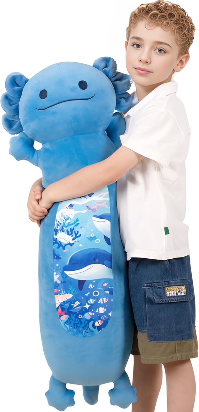 36 inch Long Axolotl Plush Body Pillow, Giant Cute Blue Ocean Axolotl Stuffed Animals, Big Salamander Squishy Soft Plushies Toy, Gifts for Kids Girls and Boys, Birthdays Easter